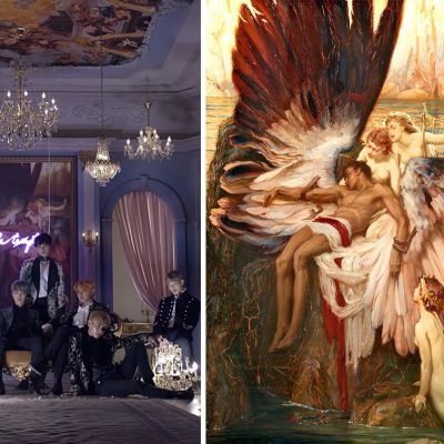 The painting behind the memebers in Blood, Sweat & Tears is 'The Lament for Icarus’ by Herbert James Draper, the myth of a man who fell while flying close to the sun when his wings made from bees wax melted.